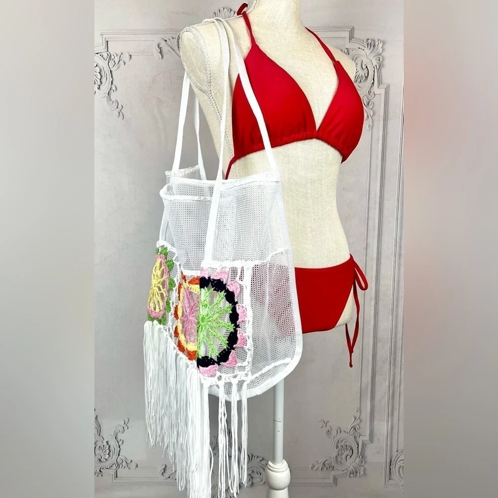 Bohemian Tote Beach Bag Crochet Flower Detail Fringe Tassels Casual Boho Purse
